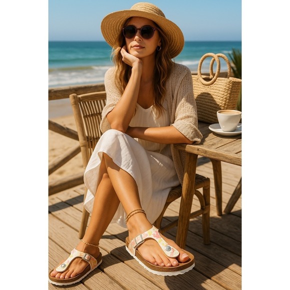 Birkenstock Gizeh Sandals Floral Size 40 Womens 9 Cork Footbed Thong - Picture 2 of 9